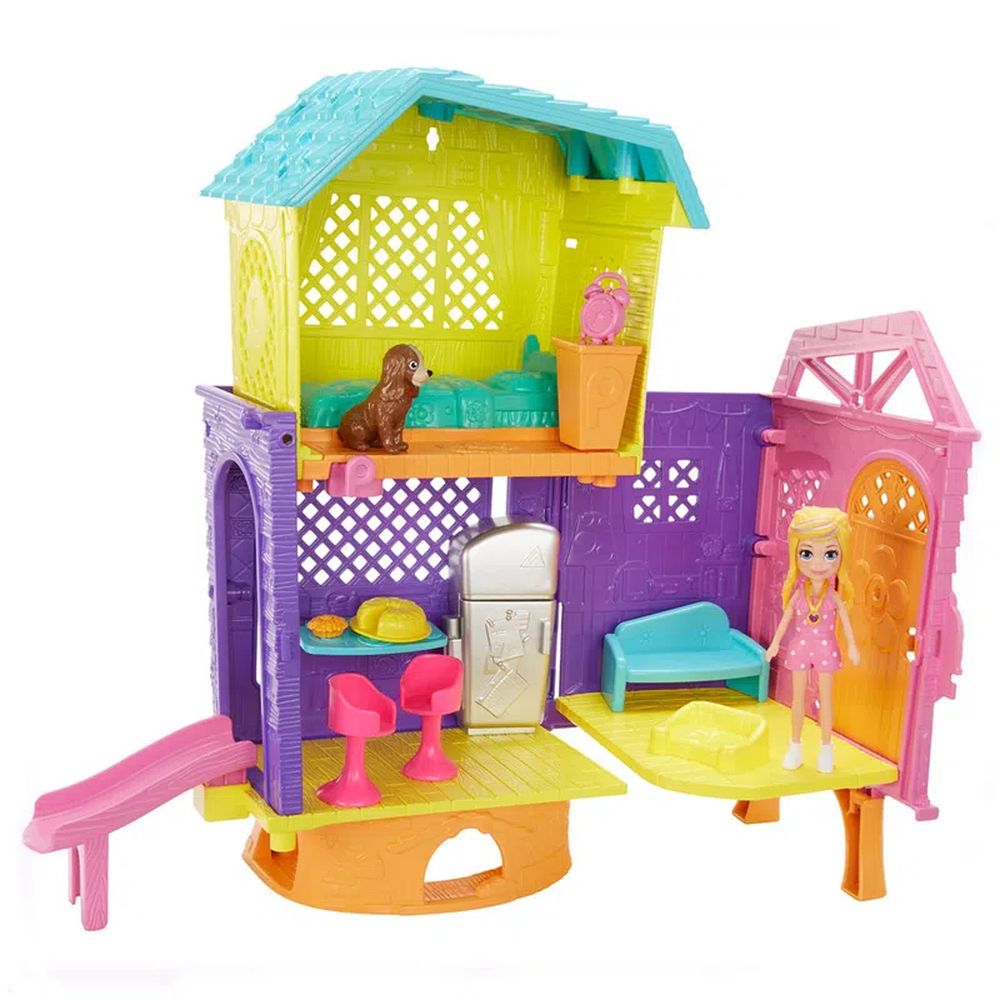 Casa de Bonecas Polly com 2 Mini Bonecas, Carro de Brinquedo