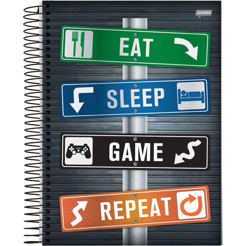 caderno-universitario-capa-dura-15-materias-300-folhas-eat-sleep-game-repeat-jandaia caderno-universitario-capa-dura-15-materias-300-folhas-eat-sleep-game-repeat-jandaia