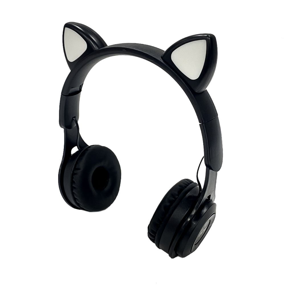 Fone de Ouvido Headphone Bluetooth Orelha de Gato LED Preto